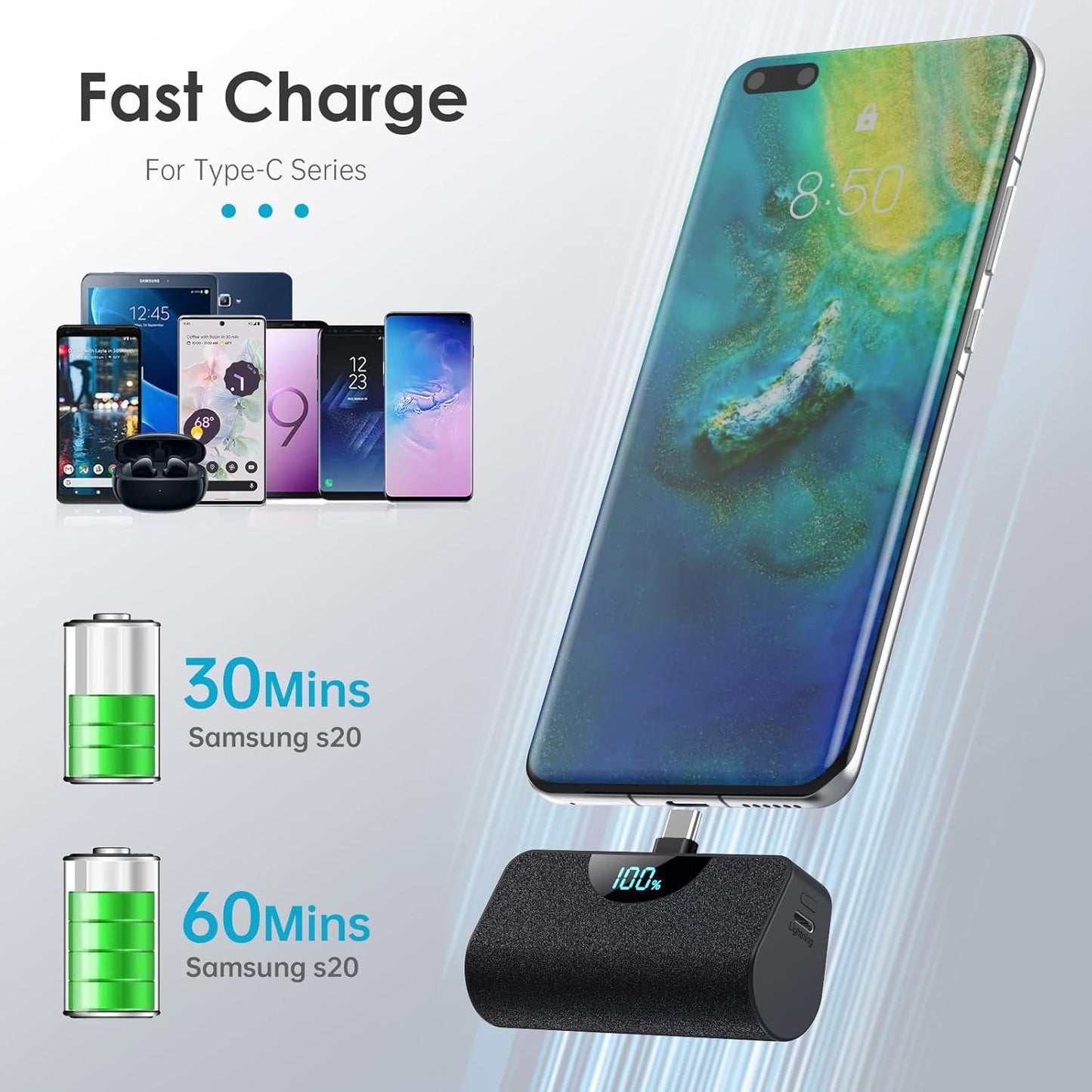 Mini Portable Charger USB-C Power Bank 5200mAh,LCD Display PD Fast Charging Battery Pack Backup Charger Compatible with iPhone 16/16 Plus/16 Pro/16 Pro Max/15 Series,Samsung,Android Phones etc