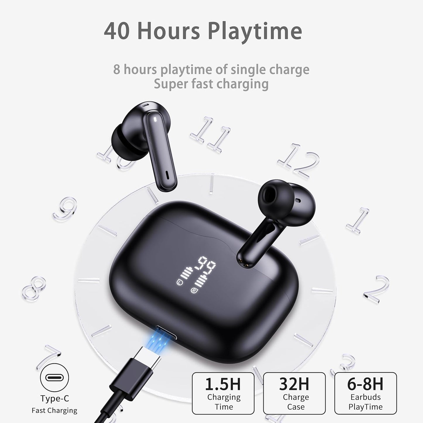 Wireless Earbuds, 2025 Bluetooth 5.4 Headphones in Ear with 4 ENC Noise Cancelling Mic, New Wireless Earphones HiFi Stereo Deep Bass 40H Playtime, LED, In-Ear Bluetooth Ear Buds IP7 Waterproof, USB-C