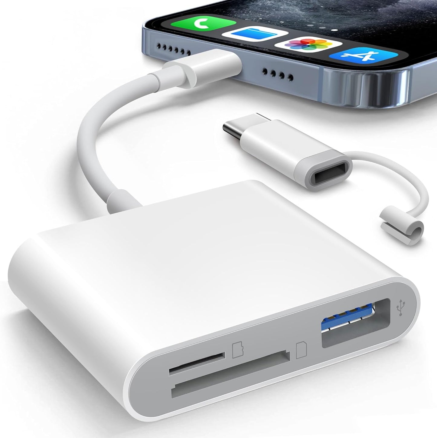 SD Card Reader for iPhone iPad Built-in Lightening &amp; USB-C Dual Connectors Card Adapter with SD MicroSD USB-A 3 Slots Trail Camera Memory Card Viewer, Portable No App Required Plug and Play
