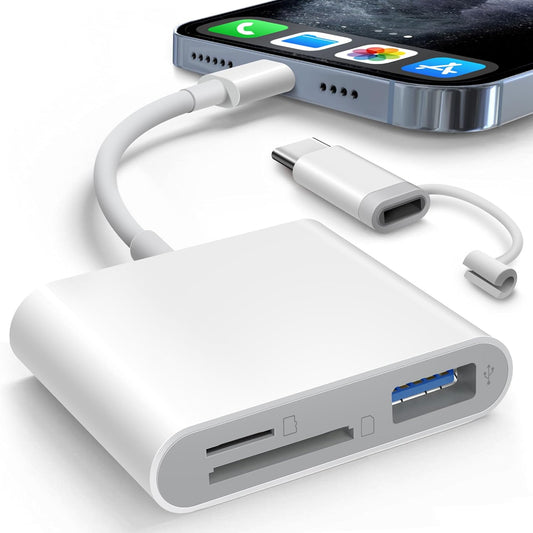 SD Card Reader for iPhone iPad Built-in Lightening &amp; USB-C Dual Connectors Card Adapter with SD MicroSD USB-A 3 Slots Trail Camera Memory Card Viewer, Portable No App Required Plug and Play