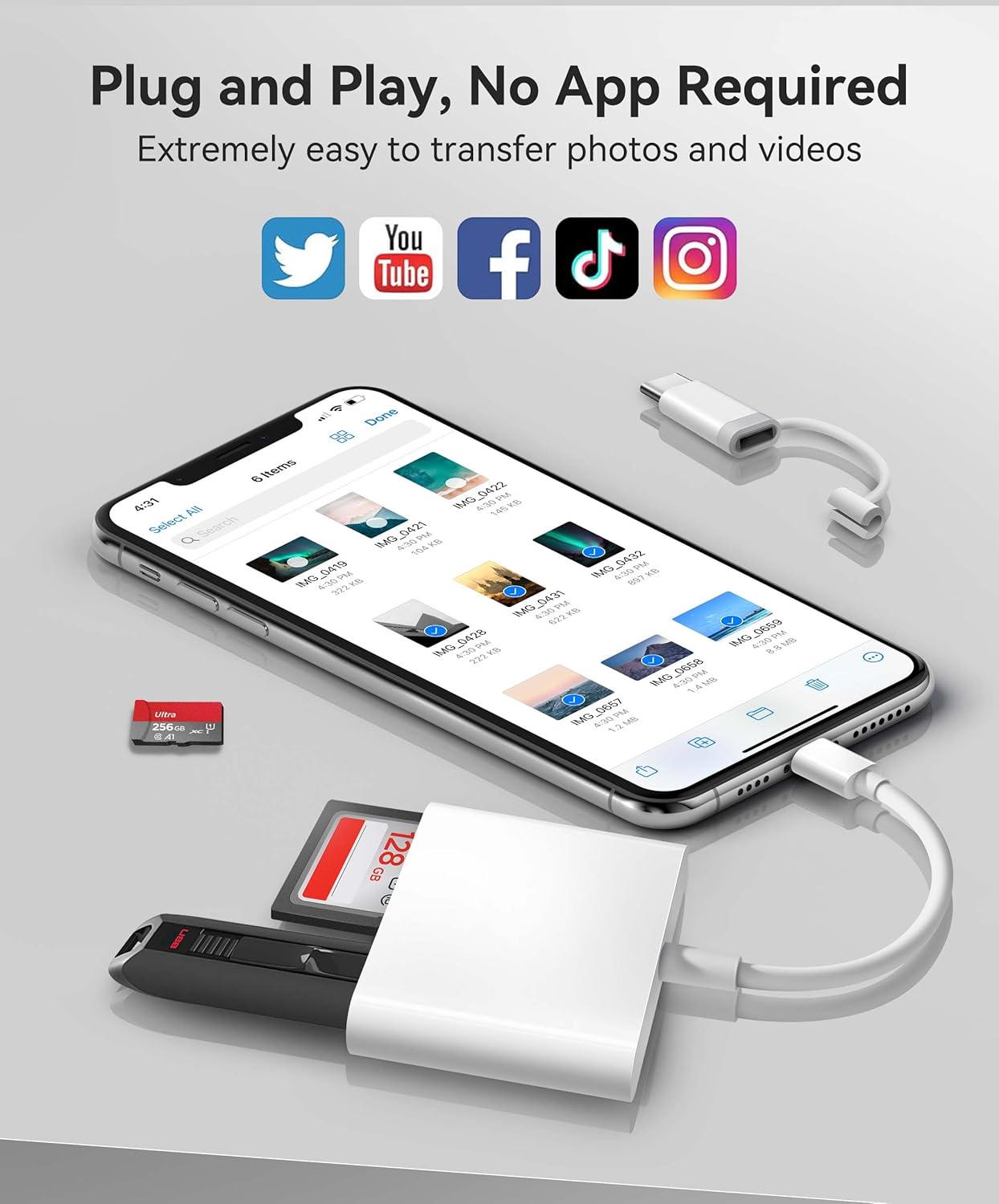 SD Card Reader for iPhone iPad Built-in Lightening &amp; USB-C Dual Connectors Card Adapter with SD MicroSD USB-A 3 Slots Trail Camera Memory Card Viewer, Portable No App Required Plug and Play