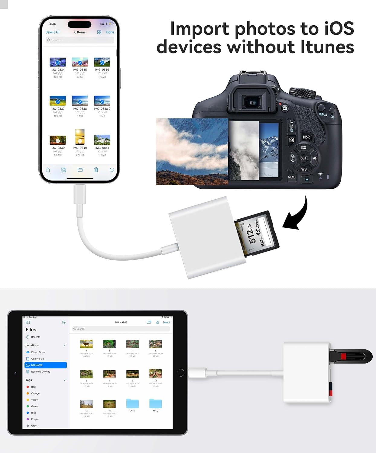 SD Card Reader for iPhone iPad Built-in Lightening &amp; USB-C Dual Connectors Card Adapter with SD MicroSD USB-A 3 Slots Trail Camera Memory Card Viewer, Portable No App Required Plug and Play